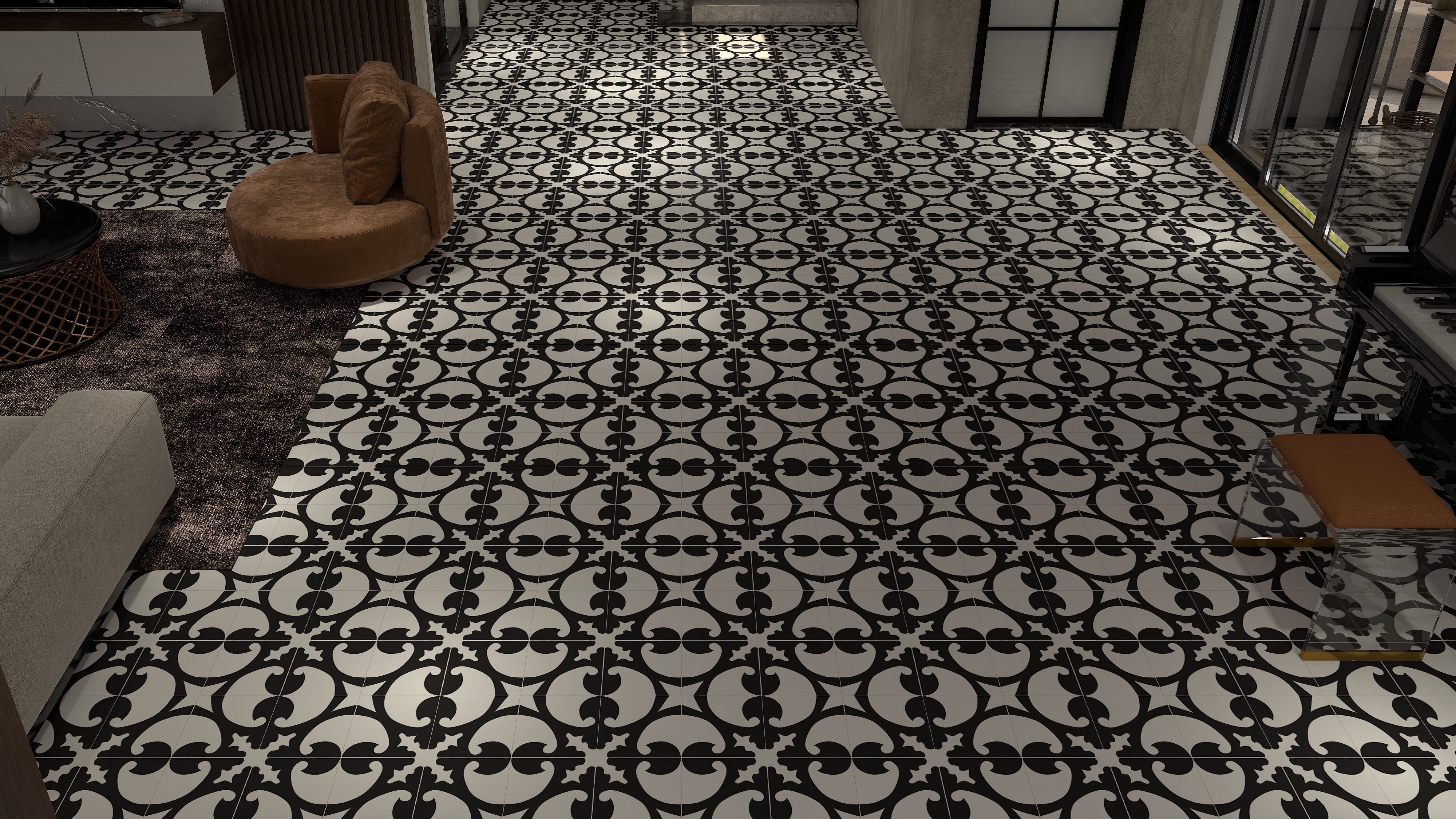 Classic cement tile on a modern interior