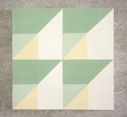 Mosáico artesano con dibujo en 3d y base de triángulos en verde, blanco y amarillo